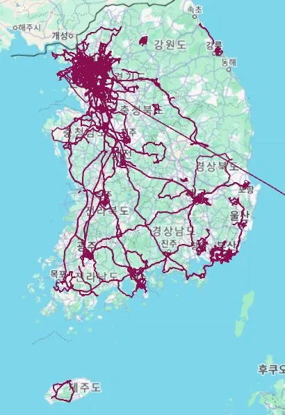 전국 지도 위에 윤주식의 현장 방문 경로와 지점이 표시된 기록 화면